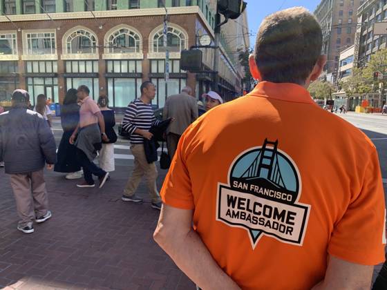 September 27, 2023, San Francisco, California, USA: Ron, a Welcome Ambassador for San Francisco shown along Market Street in San Francisco California on Wednesday, September 27, 2023. The city of San Francisco has come under a lot of attack for how it is handling the homeless, drug and retail fallout in Downtown San Francisco. San Francisco USA - ZUMAm117 20230927_zaf_m117_044 Copyright: xDavidxG.xMcIntyrex