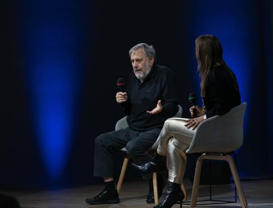 FRANKFURT AM MAIN, Germany - October 18 2023: Slavoj Å½iÅ¾ek auf der 75. Frankfurter Buchmesse FRANKFURT AM MAIN, Germany - October 18 2023: Slavoj Å½iÅ¾ek (*1949, ) auf der Bühne auf der 75. Frankfurter Buchmesse Copyright: xZoonar.com MarkusxWissmannx 20943765
