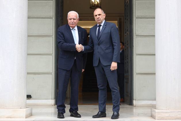 Greek Foreign Minister Giorgos Gerapetritis (R) welcomes the Palestinian Authority™s Foreign Minister Riyad al-Maliki (L) during their meeting in Athens, Greece, 15 February 2024. The Palestinian Authority™s foreign minister is in Athens on a working visit. IMAGO ONE INCH PRODUCTIONS ATHENS Greece Copyright: xOnexInchxProductionsx 6115433