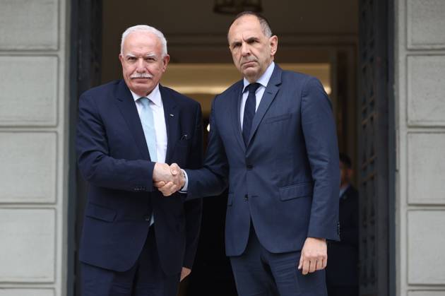 Greek Foreign Minister Giorgos Gerapetritis (R) welcomes the Palestinian Authority™s Foreign Minister Riyad al-Maliki (L) during their meeting in Athens, Greece, 15 February 2024. The Palestinian Authority™s foreign minister is in Athens on a working visit. IMAGO ONE INCH PRODUCTIONS ATHENS Greece Copyright: xOnexInchxProductionsx 6115434