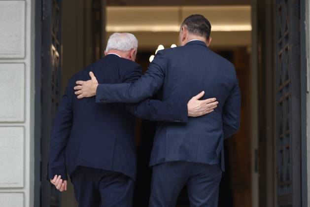 Greek Foreign Minister Giorgos Gerapetritis (R) welcomes the Palestinian Authority™s Foreign Minister Riyad al-Maliki (L) during their meeting in Athens, Greece, 15 February 2024. The Palestinian Authority™s foreign minister is in Athens on a working visit. IMAGO ONE INCH PRODUCTIONS ATHENS Greece Copyright: xOnexInchxProductionsx 6115437