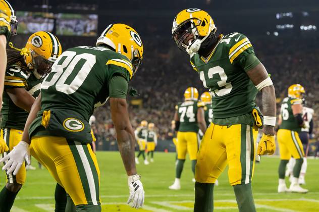 NFL 2024: Bears vs Packers JAN 07 January 7, 2024: Green Bay Packers wide receiver Bo Melton (80) and Green Bay Packers wide receiver Dontayvion Wicks (13) celebrate a touchdown against the Chicago Bears in Green Bay, WI. Kirsten Schmitt Cal Sport Media., Credit:Kirsten Schmitt Avalon United States of America, Wisconsin, Green Bay, Lambeau Field  Copyright: xKirstenxSchmittx xAvalonx 0835071012
