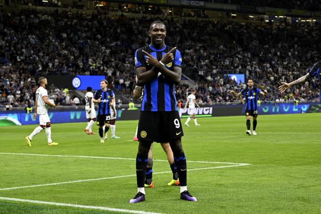 Photo IPP Paolo Bona Milan 14 04 2024 Serie A Football Championship season 2023 2024 match Inter Cagliari In the photo Marcus Thuram exults after the goal of 1 0 Italy Photo Press Worldwide Copyright