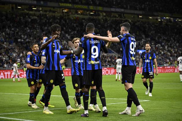 Photo IPP Paolo Bona Milan 14 04 2024 Football Serie A Championship season 2023 2024 match Inter Cagliari In the photo Marcus Thuram exults with teammates after the goal of 1 0 Italy Photo Press Worldwide