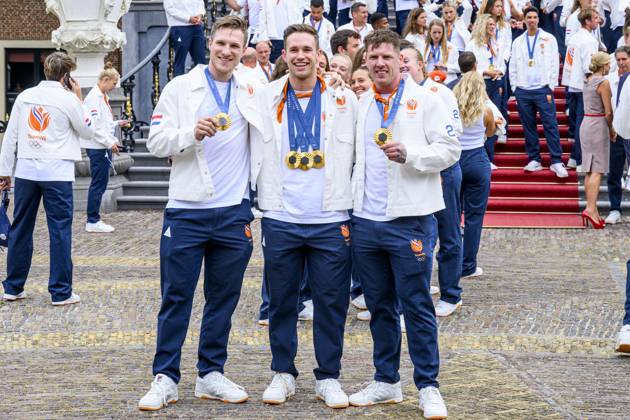 The Hague, The Netherlands, 2024 08 13 15 32 10 THE HAGUE, 13 08 2024, Huis ten Bosch PalaceKing Willem Alexander and Queen Maxima receive the Dutch medal winners of the 2024 Summer Olympics in Paris at Huis ten Bosch PalacePHOTO NLImage Patrick van EmstIn the photo Jeffrey Hoogland, Harrie Lavreysen and Roy van den Berg Credit NL Image Patrick van Emst Copyright: xx x