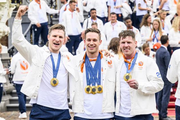 The Hague, The Netherlands, 2024 08 13 15 34 18 THE HAGUE, 13 08 2024, Huis ten Bosch PalaceKing Willem Alexander and Queen Maxima receive the Dutch medal winners of the 2024 Summer Olympics in Paris at Huis ten Bosch PalacePHOTO NLImage Patrick van EmstIn the photo Jeffrey Hoogland, Harrie Lavreysen and Roy van den Berg Credit NL Image Patrick van Emst Copyright: xx x