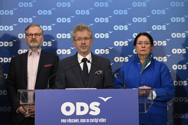 Czech Senate President Milos Vystrcil speaks at a press conference of Civic Democratic Party representatives on the results of the second round of the Senate elections at the ODS election headquarters, Prague, September 28, 2024. On the photo from left: PM Fiala, Milos Vystrcil and Senator Miroslava Nemcova. The second and final round of elections to one-third of the Senate, the upper house of parliament, continued in the Czech Republic today, on September 28, 2024, and voters will decide on 22 senators as five candidates were elected in the first round a week ago already. (CTKxPhoto MichalxKamaryt) CTKPhotoP2024092805145  CTKPhotoP2024092805145