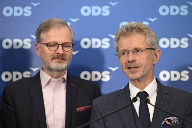 Czech Senate President Milos Vystrcil speaks at a press conference of Civic Democratic Party representatives on the results of the second round of the Senate elections at the ODS election headquarters, Prague, September 28, 2024. On the photo from left: PM Fiala and Milos Vystrcil. The second and final round of elections to one-third of the Senate, the upper house of parliament, continued in the Czech Republic today, on September 28, 2024, and voters will decide on 22 senators as five candidates were elected in the first round a week ago already. (CTKxPhoto MichalxKamaryt) CTKPhotoP2024092805160  CTKPhotoP2024092805160