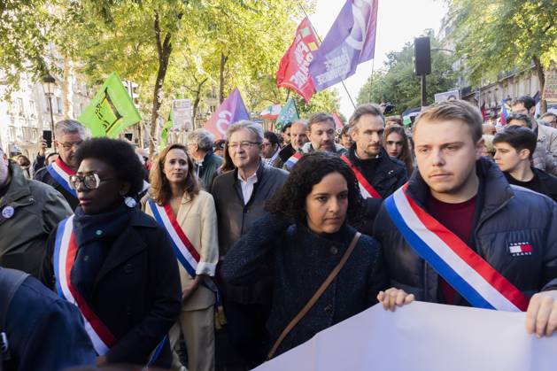 Paris, France October 5, 2024 - Demonstration organized by the Association France Palestine SolidaritÃ (AFPS) to denounce Israel s war in Gaza and Lebanon. Pro-Palestinian demonstrators are participating in national marches across EMEA to mark the start of Israel s war in Gaza after the Hamas attacks of October 7th 2023. They are calling for a ceasefire in the Middle East and an end to the supply of arms to Israel - Daniele Obono, Clemence Guette, Jean-Luc Melenchon, Manon Aubry, Louis Boyard GUERRE, MANIFESTATION PRO PALESTINIENNE, GAZA, PROCHE ORIENT, MOYEN ORIENT, MIDDLE EAST, LIBAN, CONFLIT, GEOPOLITIQUE, ISRAEL, MANIFESTANTS, ARABES, POLITIQUE, GOUVERNEMENT, DIASPORA, MOUVEMENT DE RESISTANCE, TERRITOIRES PALESTINIENS OCCUPES  Copyright: xVincentxIsorex
