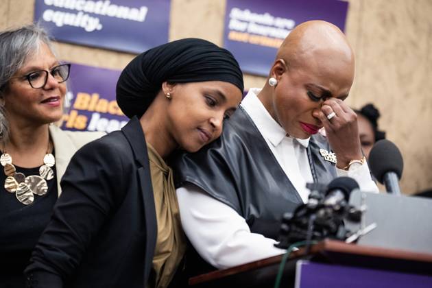 Disciplinary Presser UNITED STATES - SEPTEMBER 19: Rep. Ayanna Pressley, D-Mass., right, is comforted by Reps. Ilhan Omar, D-Minn., center, and Robin Kelly, D-Ill., during a news conference in the Capitol Visitor Center on the disparate impact of school disciplinary policies and practices on Black and brown girls in K-12 public schools,? on Thursday, September 19, 2024. (Tom Williams CQ Roll Call) Washington DC United States EDITORIAL USE ONLY Copyright: x2024xCQ-RollxCall,xInc.x TomxWilliamsx rollcallpix161084