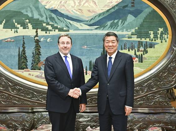 (241014) -- BEIJING, Oct. 14, 2024 -- Chinese Vice Premier He Lifeng, also a member of the Political Bureau of the Communist Party of China (CPC) Central Committee, meets with Administrator of United Nations Development Programme (UNDP) Achim Steiner, at the Great Hall of the People in Beijing, capital of China, Oct. 14, 2024. ) CHINA-BEIJING-HE LIFENG-UNDP ADMINISTRATOR-MEETING (CN) YanxYan