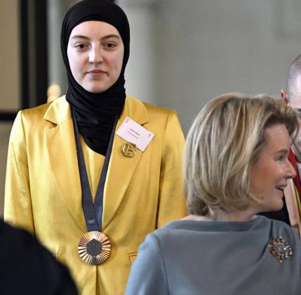 King Philippe and Queen Mathilde receive the Belgian athletes of 2024 BRUSSELS, BELGIUM - NOVEMBER 07 : Sarah Chaâri Taekwondo). King Philippe and Queen Mathilde receive the Belgian athletes who have particularly distinguished themselves in 2024 (Paris Olympic and Paralympic Games, European or world championship in an Olympic or Paralympic discipline) on November 7, 2024 in Brussels, Belgium, 07 11 2024 Brussels Belgium Copyright: xDidierxLebrunx