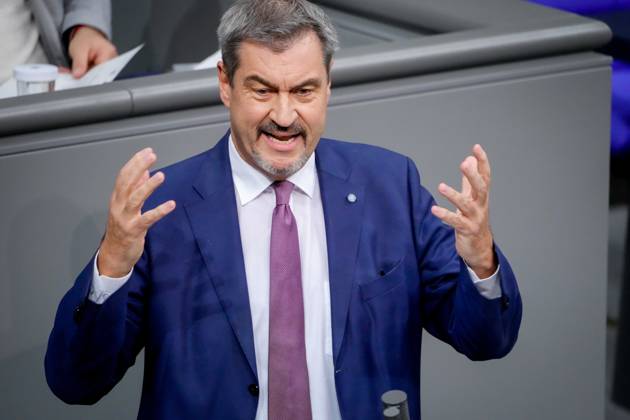German Bundestag, 199 plenary session Markus Soeder CSU in portrait with raised hands during his speech on the government statement on the current situation of the Federal Chancellor at the 199 session of the German Bundestag in Berlin, 13 11 2024 Berlin Berlin Germany