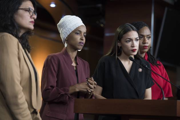 House Freshman UNITED STATES - JULY 15: From left, Reps. Rashida Tlaib, D-Mich., Ilhan Omar, D-Minn., Alexandria Ocasio-Cortez, D-N.Y., and Ayanna Pressley, D-Mass., conduct a news conference in the Capitol Visitor Center responding to negative comments by President Trump that were directed at the freshman House Democrats on Monday, July 15, 2019. (Photo By Tom Williams CQ Roll Call) Washington DC United States EDITORIAL USE ONLY Copyright: x2019xCQ-RollxCall,xInc.x TomxWilliamsx rollcallpix120127