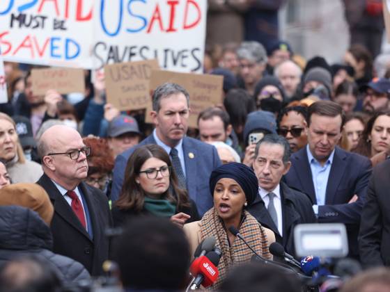 Employees and supporters gather to protest outside of the U.S. Agency for International Development (USAID) in Washington, District of Columbia, USA United States Representative Ilhan Omar (C) speaks during a protest outside of the U.S. Agency for International Development (USAID) headquarters in Washington, DC, USA on February 03, 2025. USAID employees have been instructed via an email to stay out of the agency s Washington headquarters on 03 February 2025, following a weekend take over and announcement by US billionaire Elon Musk that President Trump had agreed with him to shut the agency down. Washington DC USA Copyright: xMatrixxImagesx xGentxShkullakux 