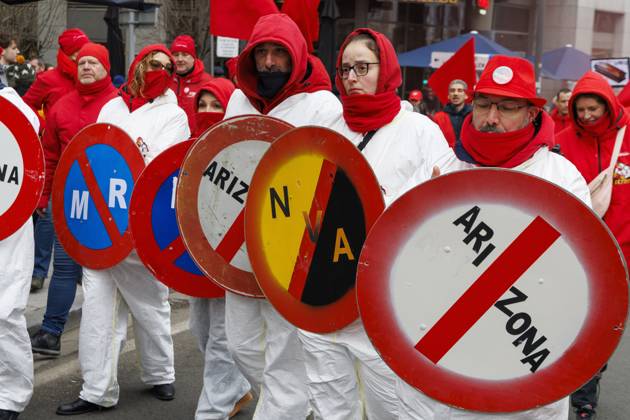 Protesters pictured during a national demonstration against the new government declaration, organized by the three national trade unions, Thursday 13 February 2025 in Brussels. NICOLASxMAETERLINCK 112369107