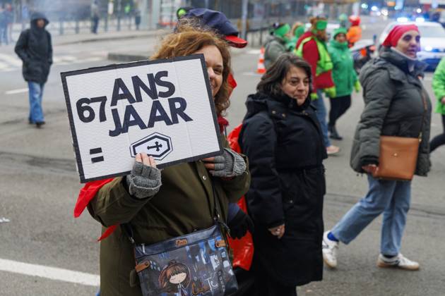 Protesters pictured during a national demonstration against the new government declaration, organized by the three national trade unions, Thursday 13 February 2025 in Brussels. NICOLASxMAETERLINCK 112369369
