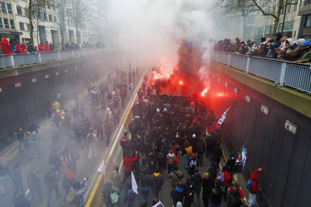 Protesters pictured during a national demonstration against the new government declaration, organized by the three national trade unions, Thursday 13 February 2025 in Brussels. NICOLASxMAETERLINCK 112369393