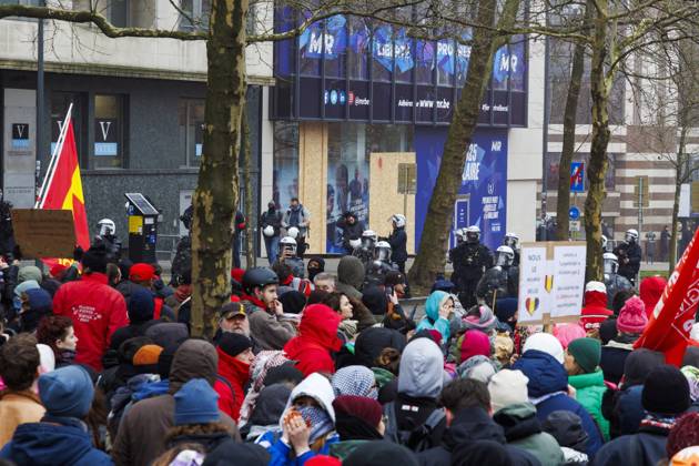 Protesters pictured during a national demonstration against the new government declaration, organized by the three national trade unions, Thursday 13 February 2025 in Brussels. NICOLASxMAETERLINCK 112380459