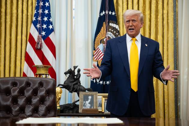 President Donald Trump speaks with reporters in the Oval Office at the White House Feb. 21, 2025. (Francis Chung POLITICO) Copyright: xFrancisxChungx xPoolxviaxCNPx MediaPunchx