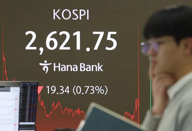 KOSPI falls KOSPI falls A financial data screen in the dealing room of Hana Bank in Seoul on Feb. 27, 2025, shows the benchmark Korea Composite Stock Price Index having fallen 19.34 points, or 0.73 percent, to close at 2,621.75. South Korean stocks ended lower due to escalating concerns over a possible tariff war threatened by U.S. President Donald Trump despite better-than-expected earnings from artificial intelligence chip giant Nvidia. (Yonhap) 2025-02-27 15:52:13 < 1980-2025 YONHAPNEWS AGENCY. .> ¼¿ïƯº°½Ã EDITORIAL USE ONLY Copyright: xx PYH2025022716230031500 YonhapxNewsx yonphotos238516