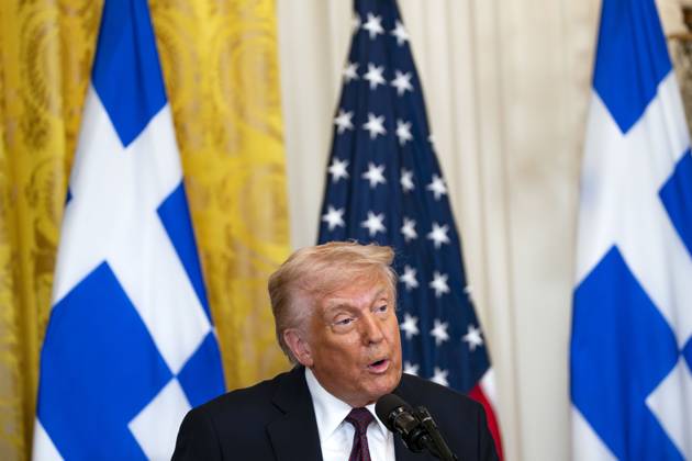 President Donald Trump hosts an event celebrating Greek Independence Day in the East Room of the White House in Washington, DC on Monday, March 24, 2025. Trump signed a proclamation declaring March 25 Greek Independence Day.  WAP20250324315 BONNIExCASH