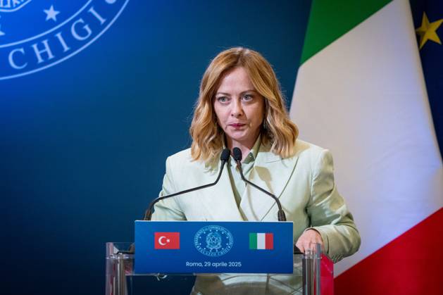 Turkish President Recep Tayyip Erdogan and Italian Premier Giorgia Meloni address the media during a joint press conference at Villa Pamphilj in Rome, Italy, on 29 April 2025. Turkish President Recep Tayyip Erdogan and Italian Premier Giorgia Meloni address the media during a joint press conference at Villa Pamphilj in Rome, Italy, on 29 April 2025., Credit:Stefano Costantino TTL Avalon Italy, Rome  Copyright: xStefanoxCostantinoxTTLx xAvalonx 0993526964