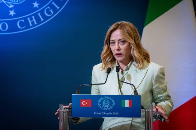 Turkish President Recep Tayyip Erdogan and Italian Premier Giorgia Meloni address the media during a joint press conference at Villa Pamphilj in Rome, Italy, on 29 April 2025. Turkish President Recep Tayyip Erdogan and Italian Premier Giorgia Meloni address the media during a joint press conference at Villa Pamphilj in Rome, Italy, on 29 April 2025., Credit:Stefano Costantino TTL Avalon Italy, Rome  Copyright: xStefanoxCostantinoxTTLx xAvalonx 0993526982