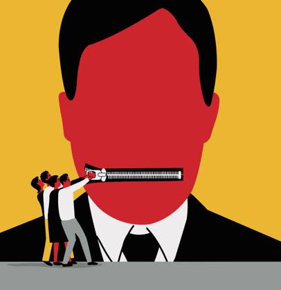 Group of people closing the zipper on a mans mouth  Copyright: xNickxLowndesx 12350267