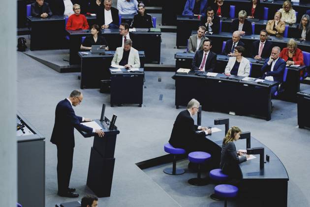 Friedrich Merz CDU , Federal Chancellor, taken during the first government declaration in the German Bundestag as Federal Chancellor in Berlin, 14 05 2025 Berlin Germany Copyright: xFlorianxGaertnerx