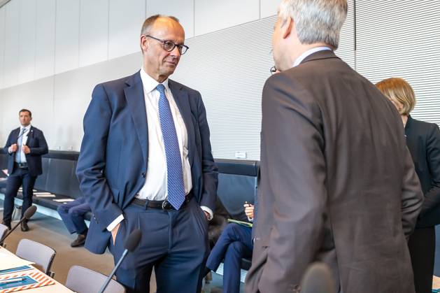 Parliamentary group meeting CDU CSU Federal Chancellor Friedrich Merz CDU and Jens Spahn Chairman of the CDU CSU parliamentary group, at a parliamentary group meeting on 20 05 2025 in Berlin Berlin Berlin Germany Bundestag