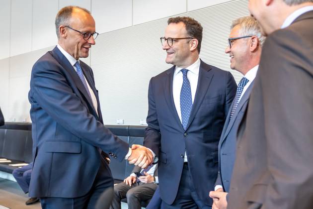 Parliamentary group meeting CDU CSU Federal Chancellor Friedrich Merz CDU and Jens Spahn Chairman of the CDU CSU parliamentary group, at a parliamentary group meeting on 20 05 2025 in Berlin Berlin Berlin Germany Bundestag