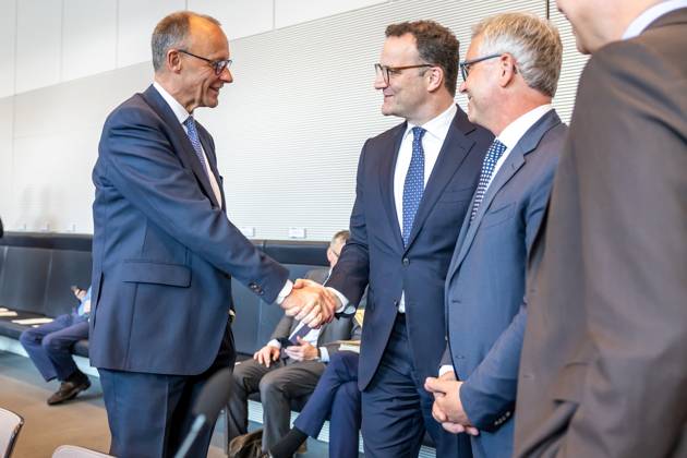 Parliamentary group meeting CDU CSU Federal Chancellor Friedrich Merz CDU and Jens Spahn Chairman of the CDU CSU parliamentary group, at a parliamentary group meeting on 20 05 2025 in Berlin Berlin Berlin Germany Bundestag