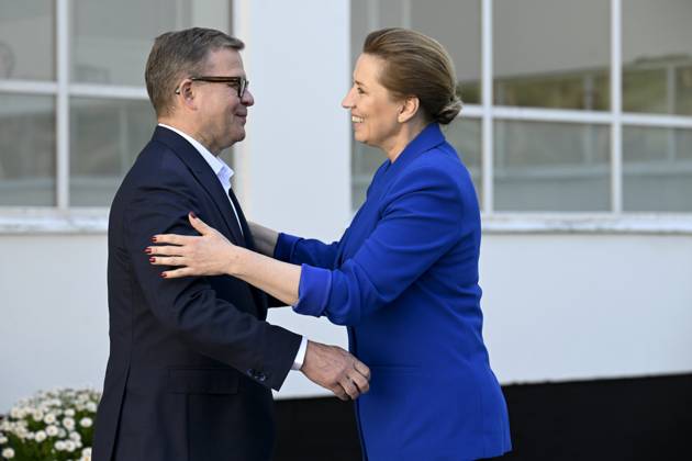 Finnish Prime Minister Petteri Orpo (L) welcomes Danish Prime Minister Mette Frederiksen at the Nordic Prime Ministers Summer Meeting at the Paimio Sanatorium in Paimio, Finland, on May 26, 2025. Finland and Åland together host the informal summer meeting. The discussions of the meeting will focus on two themes: competitiveness and strengthening comprehensive security. Paimio Finland Copyright: xRonixRekomaax LKFTJK20250526112632PWQE