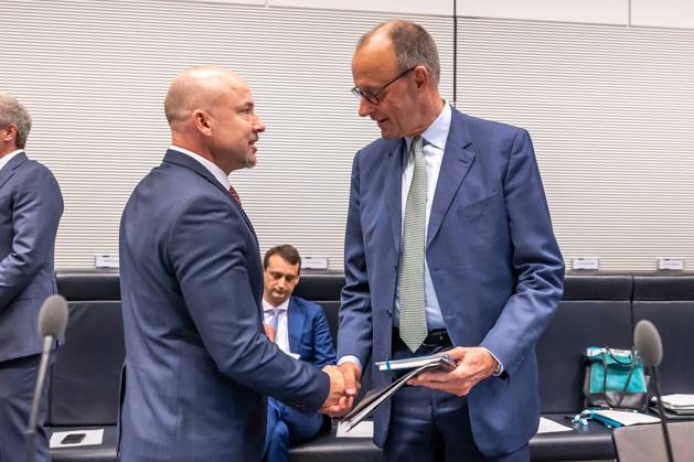 Parliamentary group meeting CDU CSU Federal Chancellor Friedrich Merz CDU and Alexander Hoffmann, CSU regional group chairman at a parliamentary group meeting on 3 06 2025 in Berlin Berlin Berlin Germany Bundestag