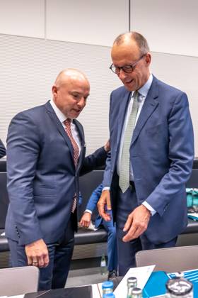 Parliamentary group meeting CDU CSU Federal Chancellor Friedrich Merz CDU and Alexander Hoffmann, CSU regional group chairman at a parliamentary group meeting on 3 06 2025 in Berlin Berlin Berlin Germany Bundestag