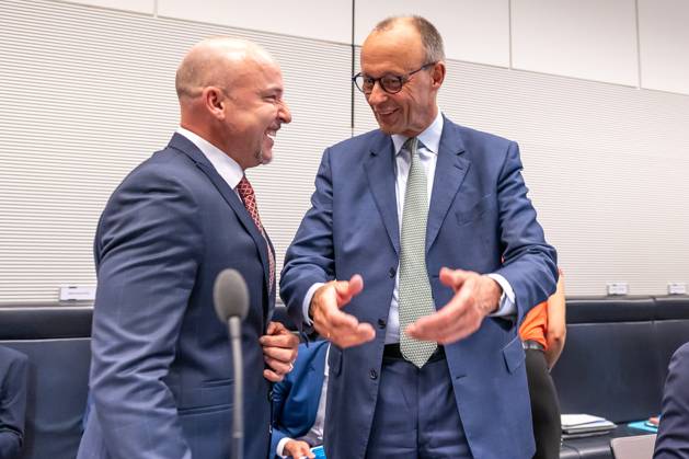 Parliamentary group meeting CDU CSU Federal Chancellor Friedrich Merz CDU and Alexander Hoffmann, CSU regional group chairman at a parliamentary group meeting on 3 06 2025 in Berlin Berlin Berlin Germany Bundestag