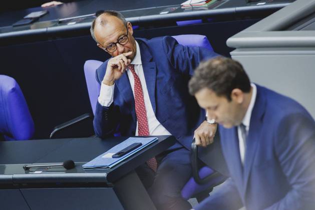 L R Friedrich Merz CDU , Federal Chancellor, and Lars Klingbeil, Federal Minister of Finance, pictured during the budget debate in the German Bundestag in Berlin, 08 07 2025 Berlin Germany Copyright: xFlorianxGaertnerx