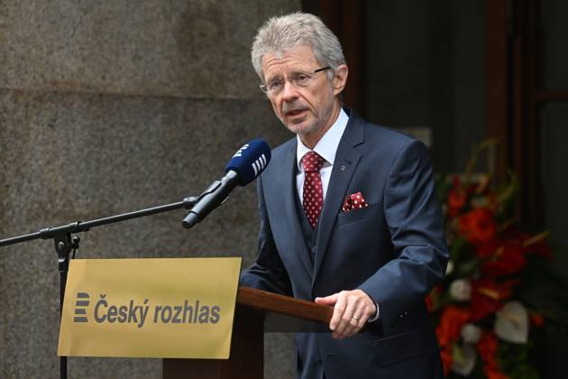 Czech Senate President Milos Vystrcil speaks during the meeting to commemorate the 57th anniversary of occupation of Czechoslovakia by Warsaw Pact troops in front of Czech Radio building in Prague, Czech Republic, August 21, 2025. (CTKxPhoto MichaelaxRihova) CTKPhotoP2025082102877  CTKPhotoP2025082102877