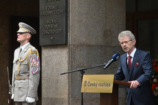 Czech Senate President Milos Vystrcil speaks during the meeting to commemorate the 57th anniversary of occupation of Czechoslovakia by Warsaw Pact troops in front of Czech Radio building in Prague, Czech Republic, August 21, 2025. (CTKxPhoto MichaelaxRihova) CTKPhotoP2025082102885  CTKPhotoP2025082102885