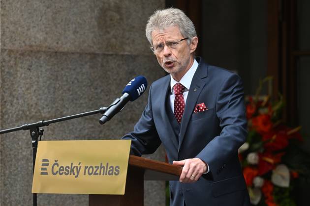 Czech Senate President Milos Vystrcil speaks during the meeting to commemorate the 57th anniversary of occupation of Czechoslovakia by Warsaw Pact troops in front of Czech Radio building in Prague, Czech Republic, August 21, 2025. (CTKxPhoto MichaelaxRihova) CTKPhotoP2025082102894  CTKPhotoP2025082102894