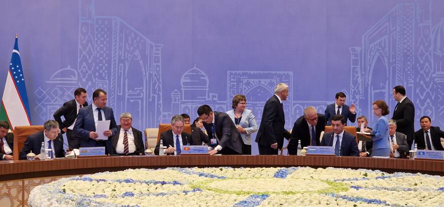 Commonwealth of Independent States summit in Samarkand, Uzbekistan TASHKENT, UZBEKISTAN - APRIL 14: A view from a hall during Foreign Ministers of the Commonwealth of Independent States summit at the Congress Center in Samarkand, Uzbekistan on April 14, 2023. Taskent Uzbekistan. Editorial use only. Please get in touch for any other usage. Copyright: x2025xAnadoluxBahtiyarxAbdülkerimovx
