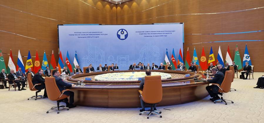 Commonwealth of Independent States summit in Samarkand, Uzbekistan TASHKENT, UZBEKISTAN - APRIL 14: A general view of hall during Foreign Ministers of the Commonwealth of Independent States summit at the Congress Center in Samarkand, Uzbekistan on April 14, 2023. Deputy Minister of Foreign Affairs of Uzbekistan, Bakhtiar Saidov, Foreign Minister of Russia Sergey Lavrov, Deputy Prime Minister and Minister of Foreign Affairs of Kazakhstan Murat Nurtileu, Minister of Foreign Affairs of Kyrgyzstan Jeenbek Kulubayev, Minister of Foreign Affairs of Armenia Ararat Mirzoyan, Minister of Foreign Affairs of Belarus Sergey Aleynik. Deputy Minister of Foreign Affairs of Azerbaijan Halaf Halafov, Deputy Minister of Foreign Affairs of Turkmenistan Vepa H Copyright: x2025xAnadoluxBahtiyarxAbdülkerimovx