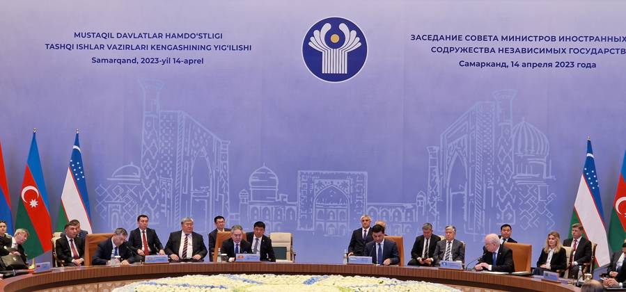 Commonwealth of Independent States summit in Samarkand, Uzbekistan TASHKENT, UZBEKISTAN - APRIL 14: A general view of hall during Foreign Ministers of the Commonwealth of Independent States summit at the Congress Center in Samarkand, Uzbekistan on April 14, 2023. Deputy Minister of Foreign Affairs of Uzbekistan, Bakhtiar Saidov, Foreign Minister of Russia Sergey Lavrov, Deputy Prime Minister and Minister of Foreign Affairs of Kazakhstan Murat Nurtileu, Minister of Foreign Affairs of Kyrgyzstan Jeenbek Kulubayev, Minister of Foreign Affairs of Armenia Ararat Mirzoyan, Minister of Foreign Affairs of Belarus Sergey Aleynik. Deputy Minister of Foreign Affairs of Azerbaijan Halaf Halafov, Deputy Minister of Foreign Affairs of Turkmenistan Vepa H Copyright: x2025xAnadoluxBahtiyarxAbdülkerimovx