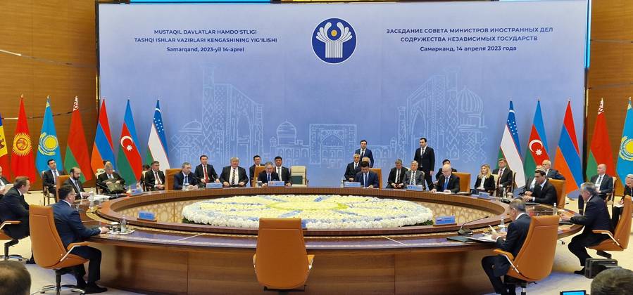 Commonwealth of Independent States summit in Samarkand, Uzbekistan TASHKENT, UZBEKISTAN - APRIL 14: A general view of hall during Foreign Ministers of the Commonwealth of Independent States summit at the Congress Center in Samarkand, Uzbekistan on April 14, 2023. Deputy Minister of Foreign Affairs of Uzbekistan, Bakhtiar Saidov, Foreign Minister of Russia Sergey Lavrov, Deputy Prime Minister and Minister of Foreign Affairs of Kazakhstan Murat Nurtileu, Minister of Foreign Affairs of Kyrgyzstan Jeenbek Kulubayev, Minister of Foreign Affairs of Armenia Ararat Mirzoyan, Minister of Foreign Affairs of Belarus Sergey Aleynik. Deputy Minister of Foreign Affairs of Azerbaijan Halaf Halafov, Deputy Minister of Foreign Affairs of Turkmenistan Vepa H Copyright: x2025xAnadoluxBahtiyarxAbdülkerimovx