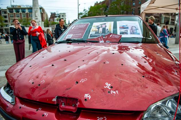 October 5, 2025, Amsterdam, North Holland, Netherlands: People are taking photos of the car full of bullets. A vehicle representing five-year-old Hind Rajab and her family, who were killed during an Israeli army attack in the Tel al-Hawa area of Gaza in January 2024, has been exhibited in the Netherlands. Amsterdam Netherlands - ZUMAs197 20251005_aaa_s197_614 Copyright: xAnaxFernandezx