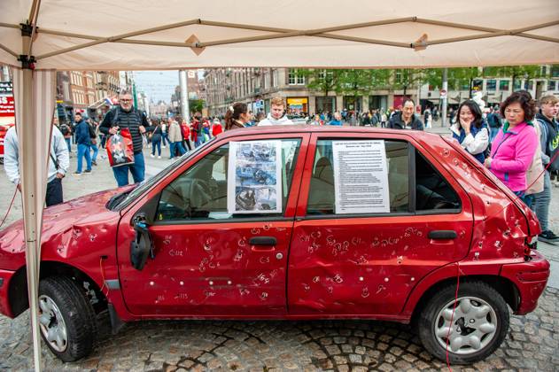 October 5, 2025, Amsterdam, North Holland, Netherlands: General view of a car full of bullets. A vehicle representing five-year-old Hind Rajab and her family, who were killed during an Israeli army attack in the Tel al-Hawa area of Gaza in January 2024, has been exhibited in the Netherlands. Amsterdam Netherlands - ZUMAs197 20251005_aaa_s197_616 Copyright: xAnaxFernandezx