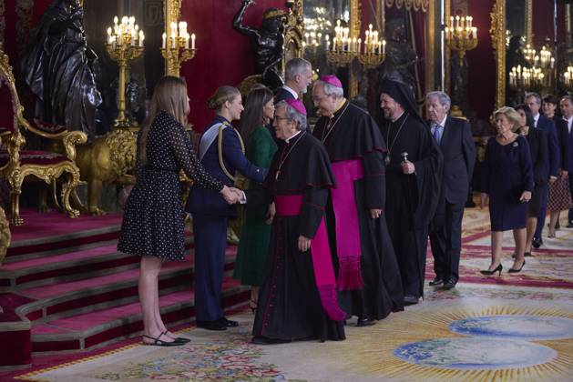 October 12, 2025, Madrid, Madrid, Spain: KING FELIPE VI of Spain and QUEEN LETIZIA of Spain CROWN PRINCESS LEONOR of Spain and PRINCESS SOFIA of Spain attend a reception during the National Day at the Royal Palace Madrid Spain - ZUMAc260 20251012_zep_c260_024 Copyright: xMikexChicorrox