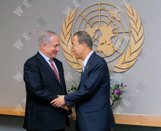 Israeli Prime Minister Benjamin Netanyahu meets with U.N. Secretary-General Ban Ki-moon to discuss issues including Israeli-Palestinian peace-making efforts., New York City, United States WENN 5511019