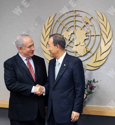 Israeli Prime Minister Benjamin Netanyahu meets with U.N. Secretary-General Ban Ki-moon to discuss issues including Israeli-Palestinian peace-making efforts., New York City, United States WENN 5511020